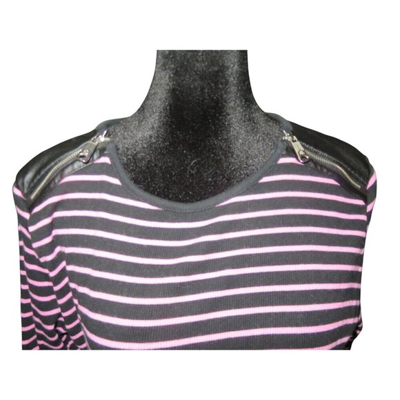 Ralph Lauren Pink & Black Striped long sleeve leather shoulders sweater size XL - Picture 3 of 8